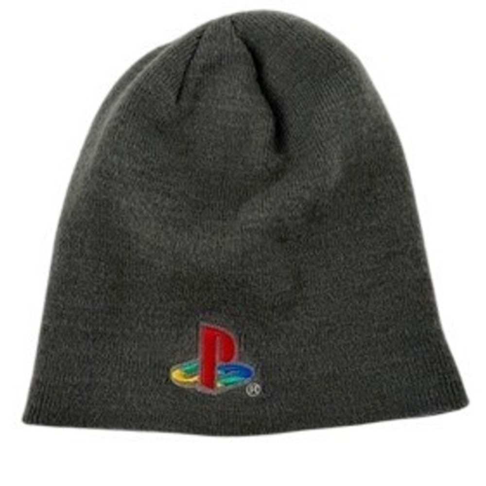PlayStation Beanie Hat Mens OSFM Grey Embroidered Logo Knit Skull Cap Gamer Sony